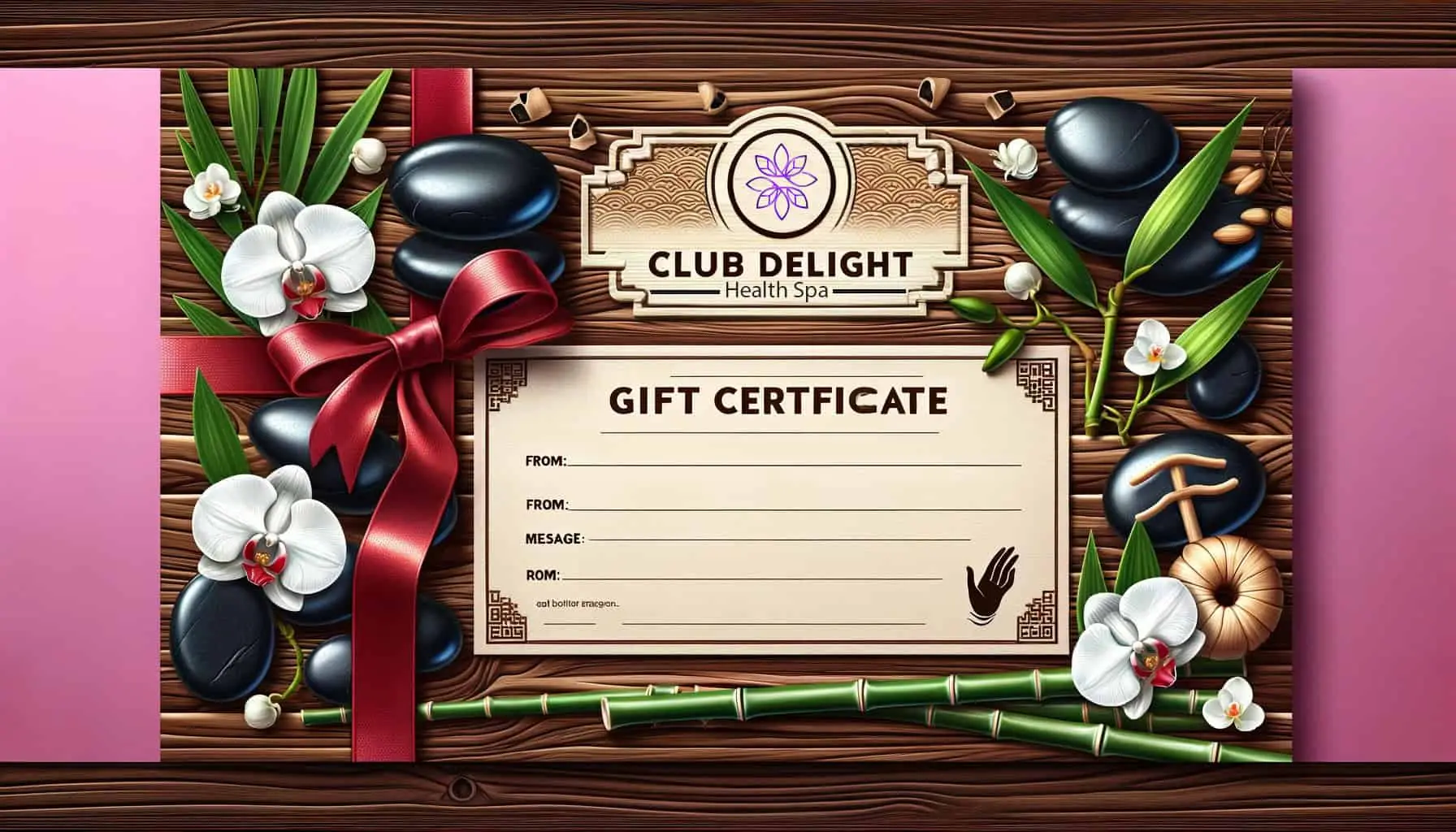 Club Delight Health Spa gift certificate framed by orchids, hot stones, and bamboo